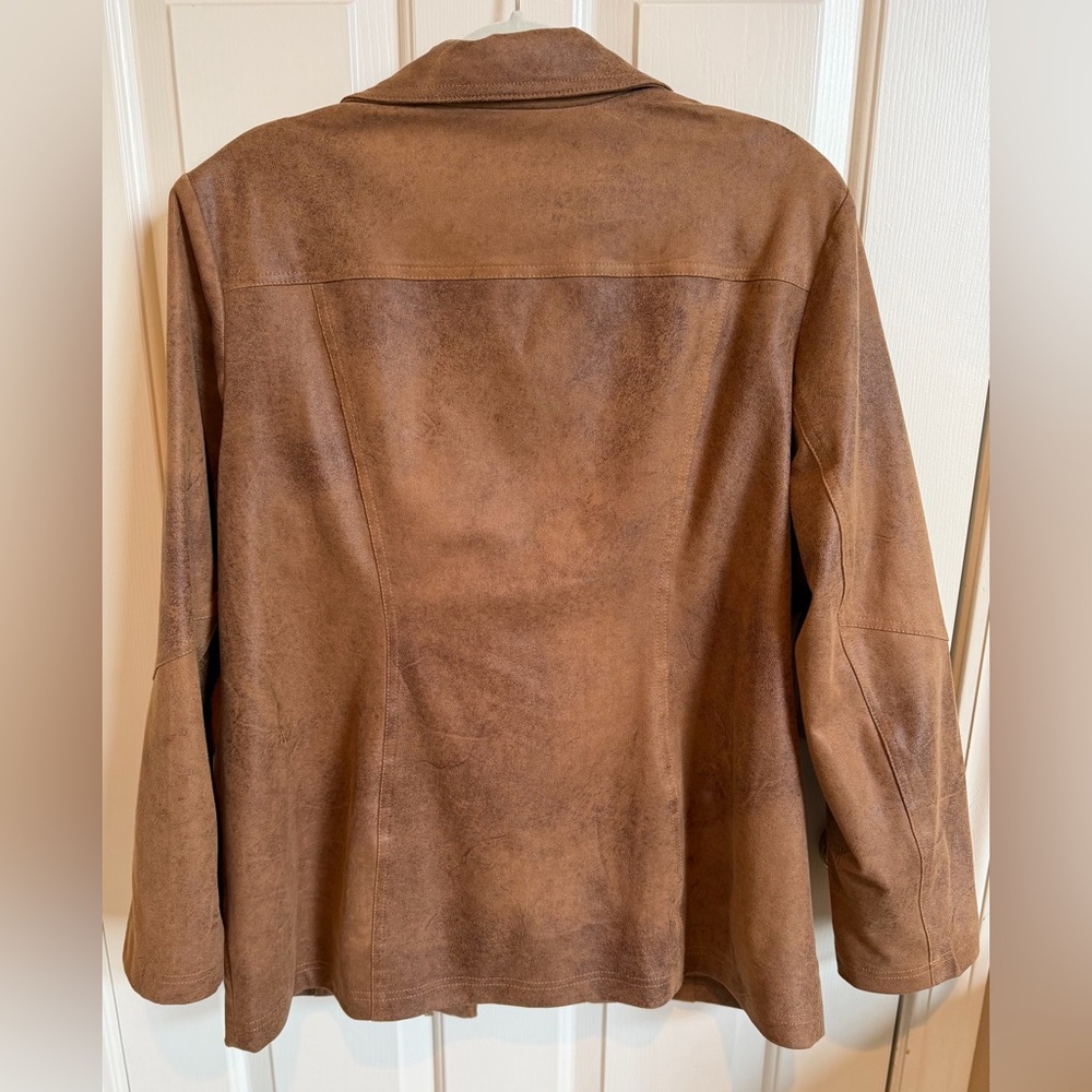 Like new! Chicos faux suede moto jacket. Size 3, (16) distressed brown. Lined. - Picture 4 of 8